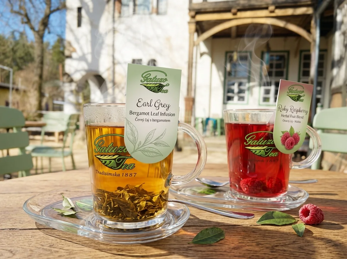 Čaje Gatuzo Earl Grey a Malina ve skleněných šálcích