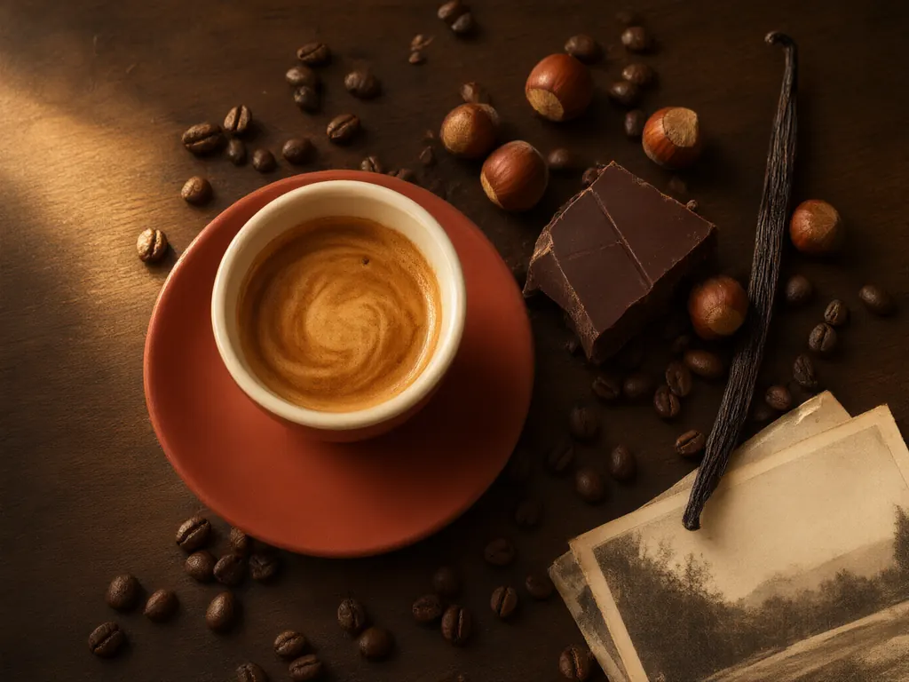 Espresso s hustou cremou, hořká čokoláda, lískové oříšky a vanilkový lusk na tmavém stole