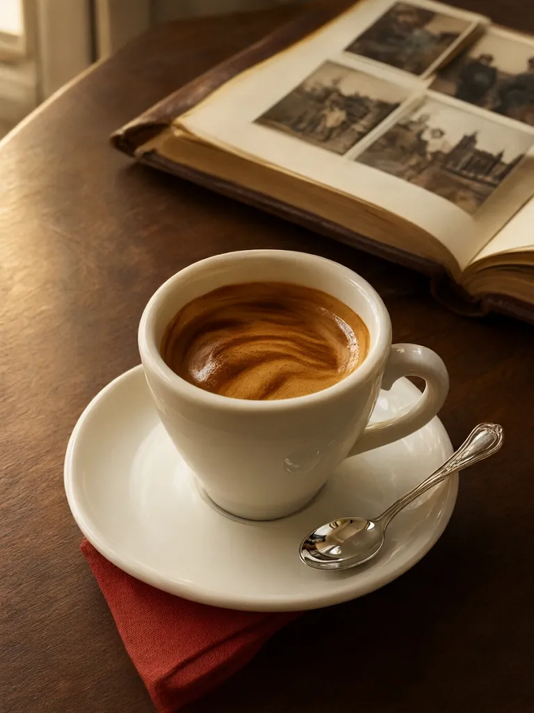 Espresso s hustou cremou vedle starého rodinného fotoalba