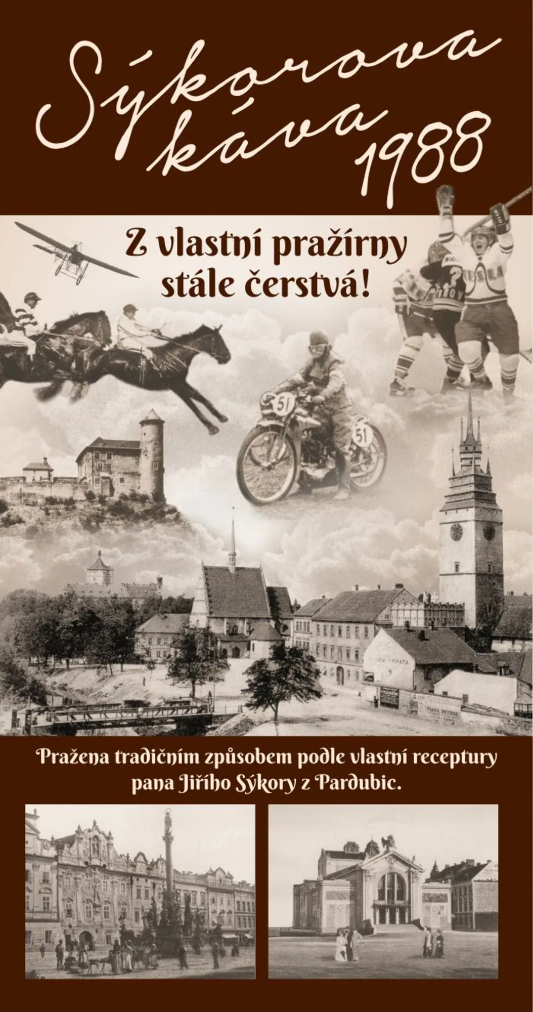 Etiketa Sýkorovy kávy s koláží historických Pardubic